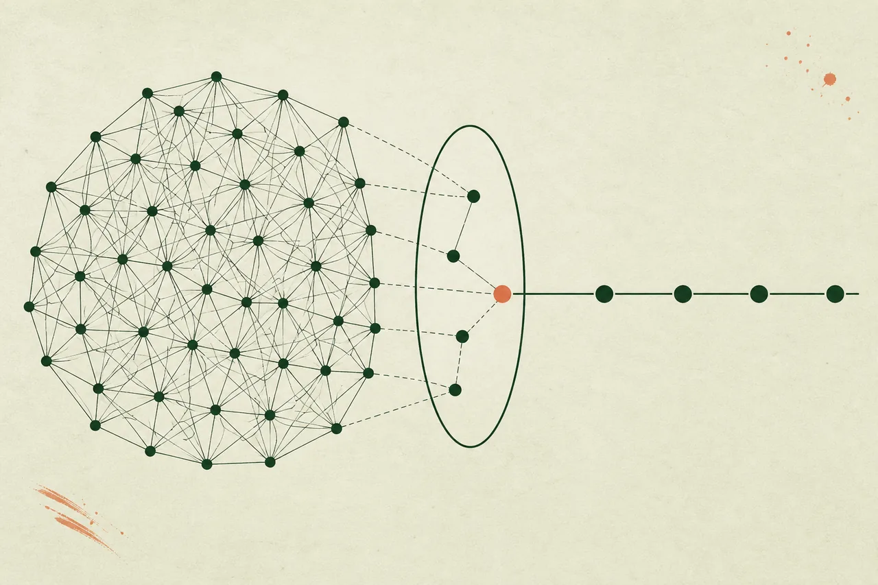 An immutable causal graph, a bounded view of a few nodes, and one model action