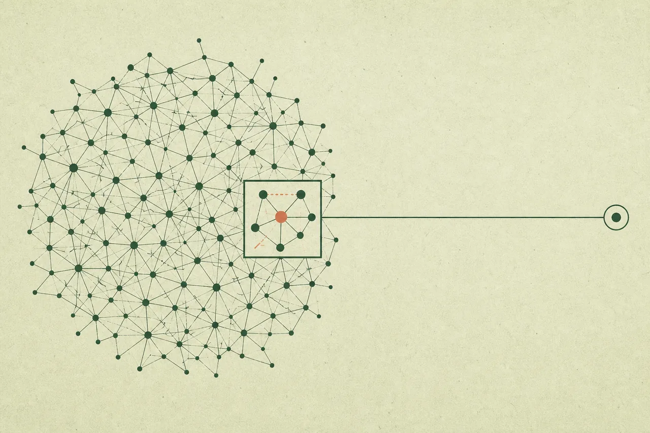 A full graph, a bounded window of selected nodes, and one model call